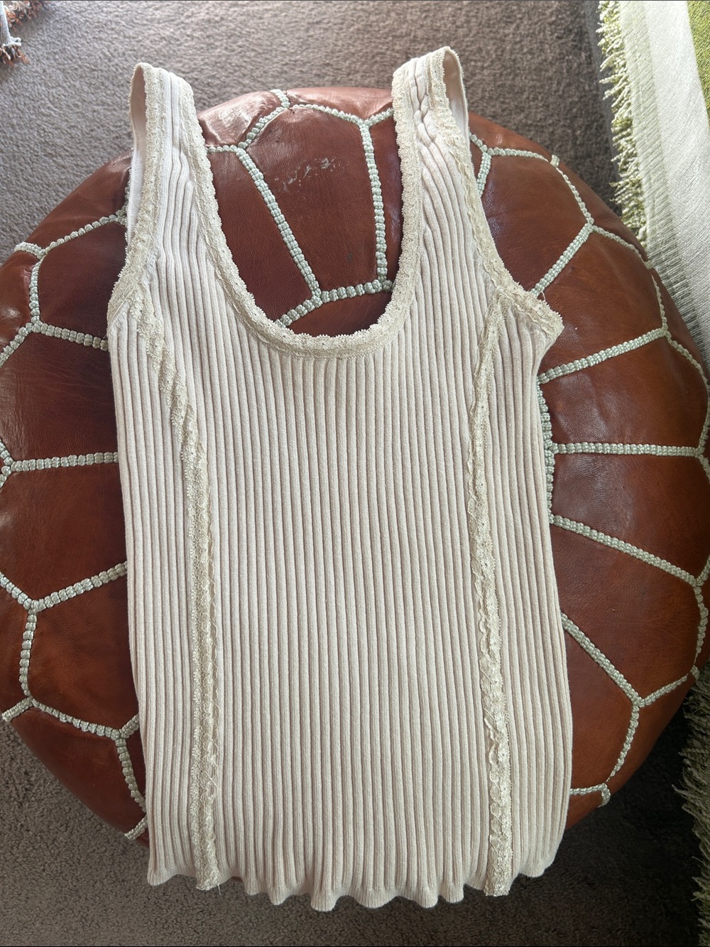 Free People 🌿 | Soft Ribbed Lace-Trim Tank in Ivory / Cream